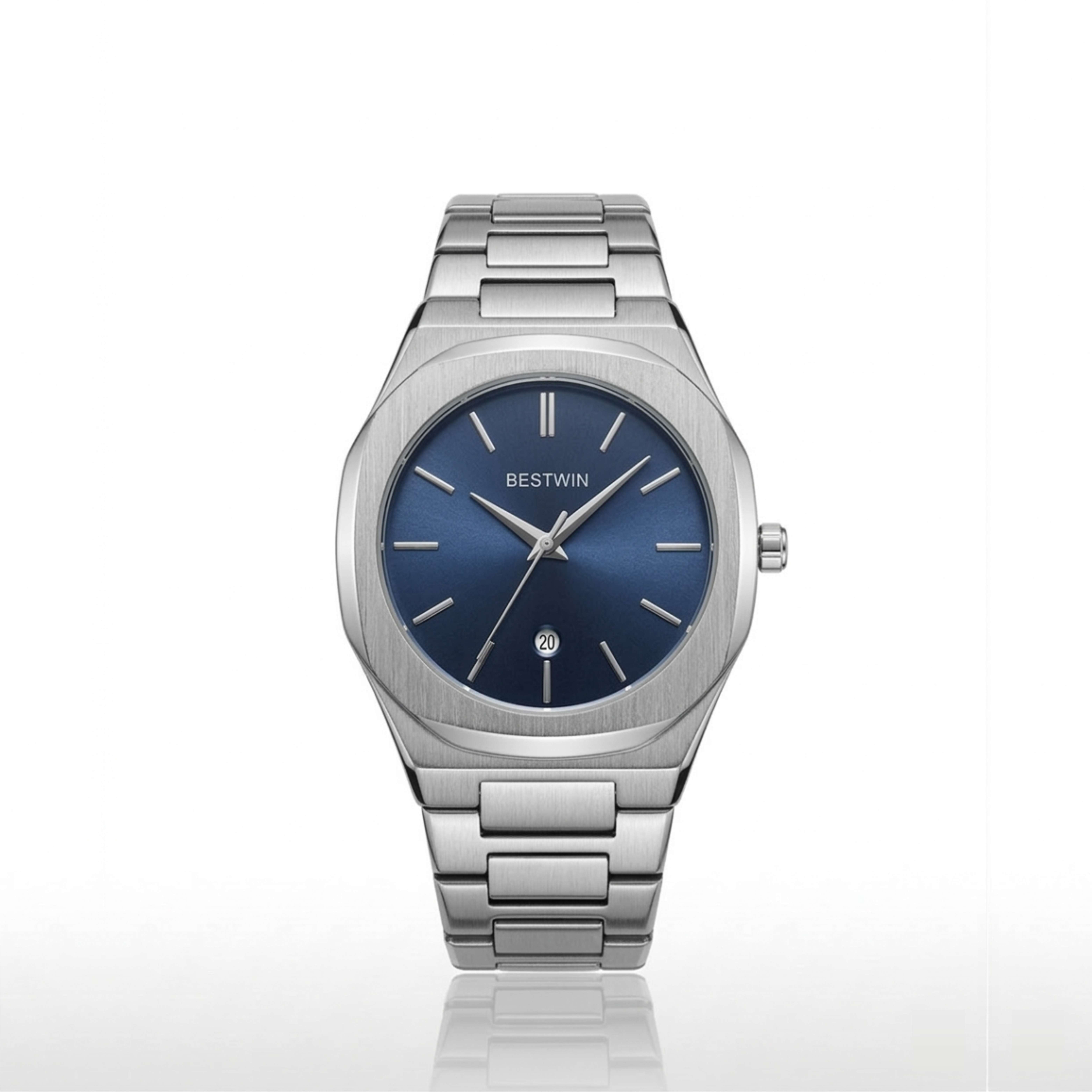 BESTWIN Men's Silver-Tone Watch with Deep Blue Dial