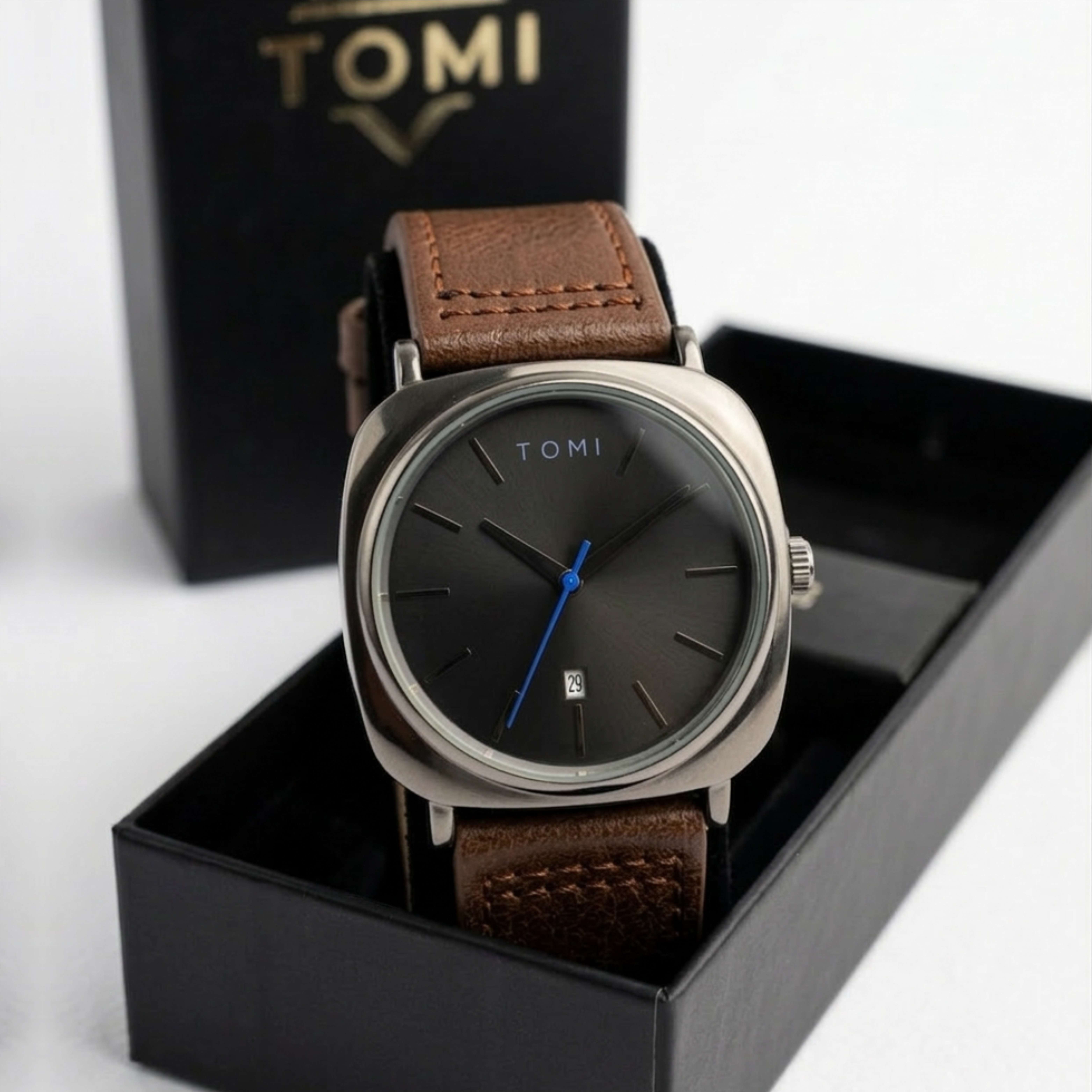 Premium TOMI Dark Dial Men's Leather Dress Watch